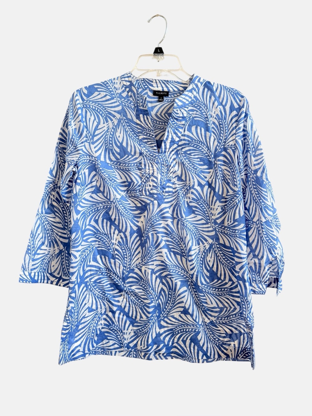 Talbots cotton white blue leaf tunic blouse
